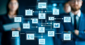 Digital data management interface with interconnected documents, analytics, and workflow automation, representing business intelligence and efficient data processing in a corporate environment.